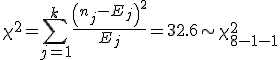 \chi^2 = \sum_{j=1}^k \frac{ \left( n_j-E_j \right)^2}{E_j}= 32.6 \sim \chi_{8-1-1}^2